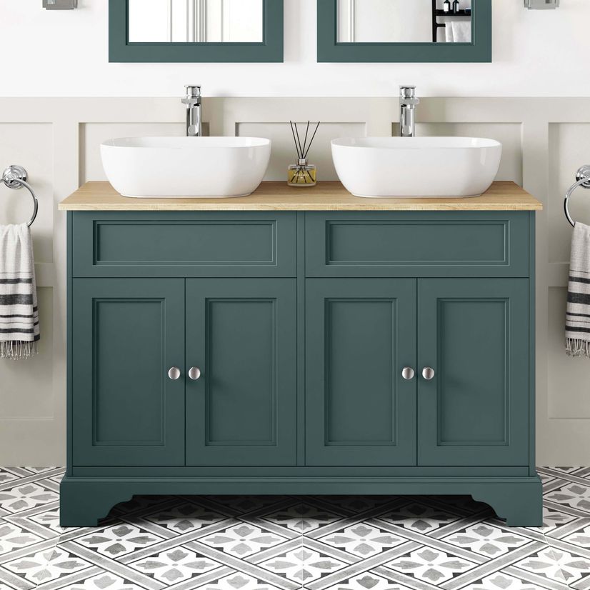 Lucia Midnight Green Double Vanity with Oak Effect Top & Curved Counter Top Basin 1200mm
