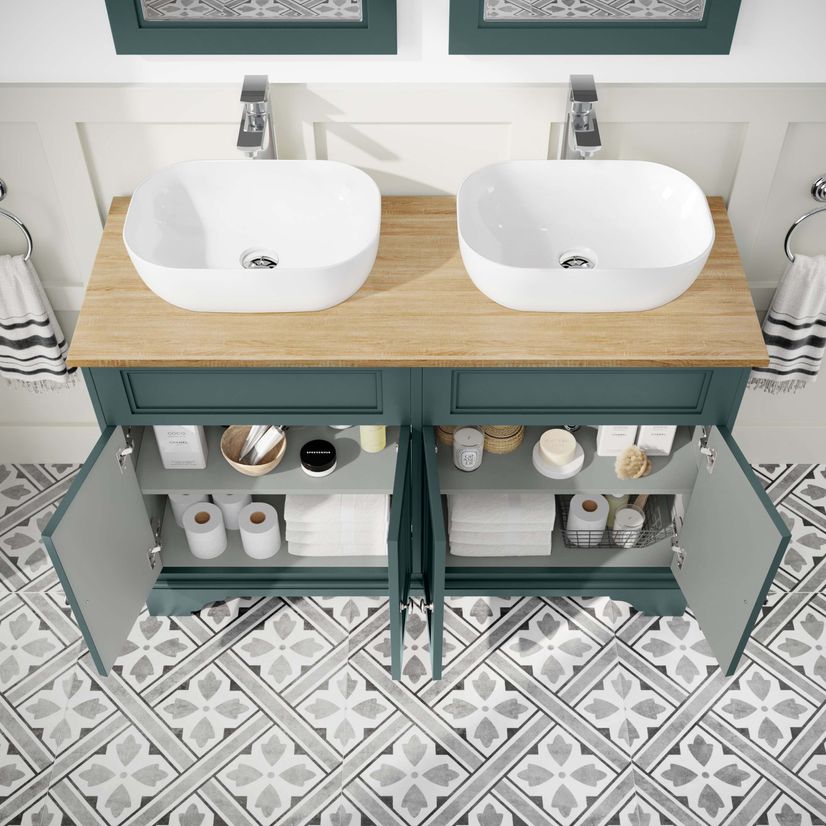 Lucia Midnight Green Double Vanity with Oak Effect Top & Curved Counter Top Basin 1200mm