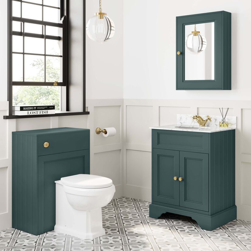 Lucia Midnight Green Vanity with Marble Top & Undermount Basin 630mm - Brushed Brass Accents