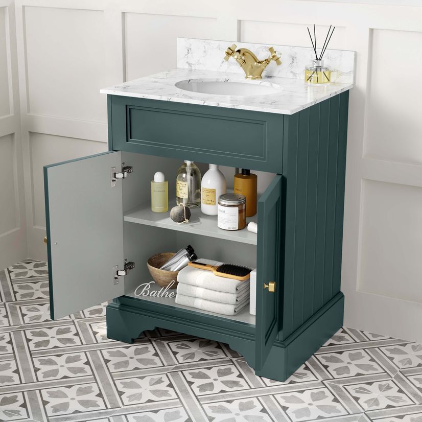 Lucia Midnight Green Vanity with Marble Top & Undermount Basin 630mm - Brushed Brass Accents