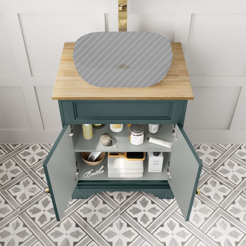 Lucia Midnight Green Cabinet with Oak Effect Top 640mm (Excludes Counter Top Basin) - Brushed Brass Accents