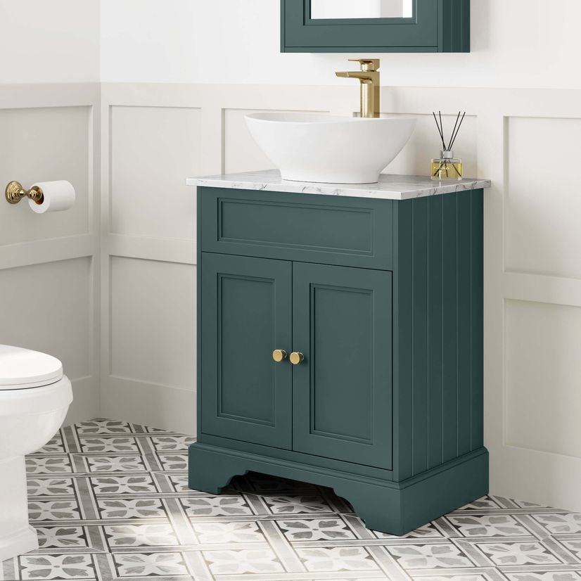 Lucia Midnight Green Vanity with Marble Top & Oval Counter Top Basin 640mm - Brushed Brass Accents