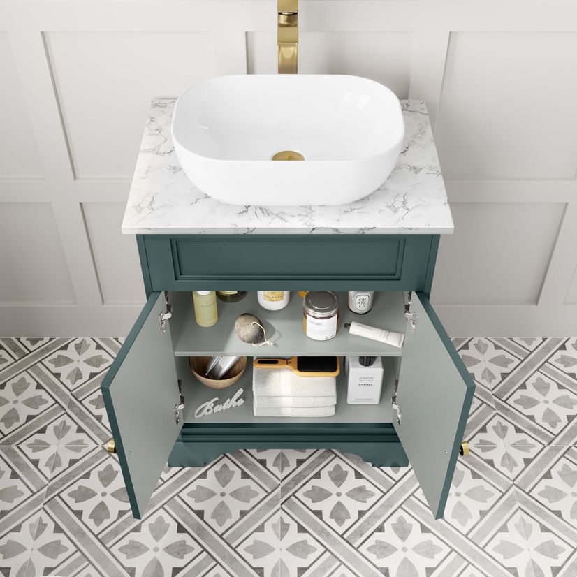 Lucia Midnight Green Vanity with Marble Top & Curved Counter Top Basin 640mm - Brushed Brass Accents