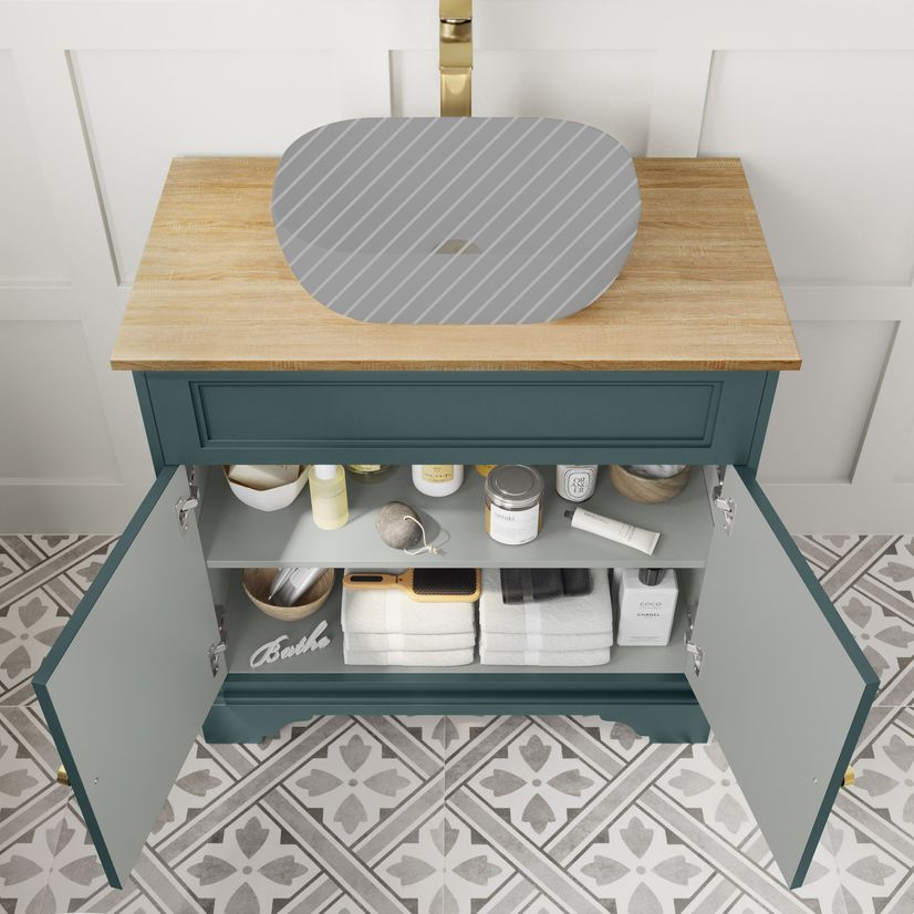 Lucia Midnight Green Cabinet with Oak Effect Top 840mm (Excludes Counter Top Basin) - Brushed Brass Accents