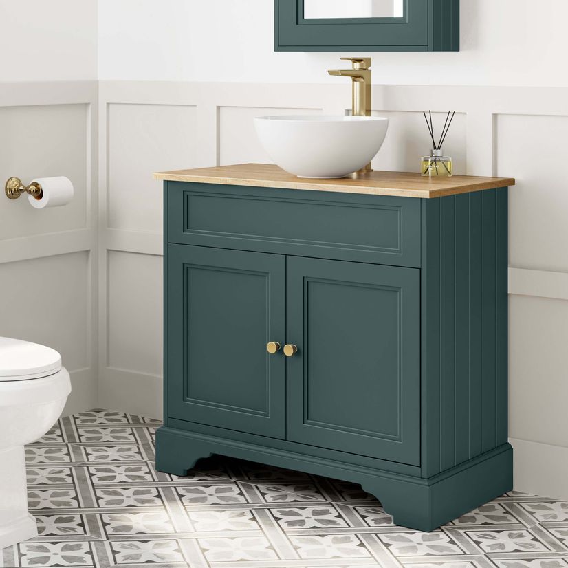 Lucia Midnight Green Vanity with Oak Effect Top & Round Counter Top Basin 840mm - Brushed Brass Accents