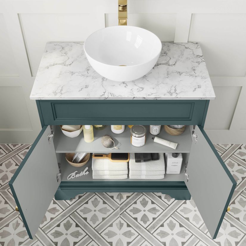 Lucia Midnight Green Vanity with Marble Top & Round Counter Top Basin 840mm - Brushed Brass Accents