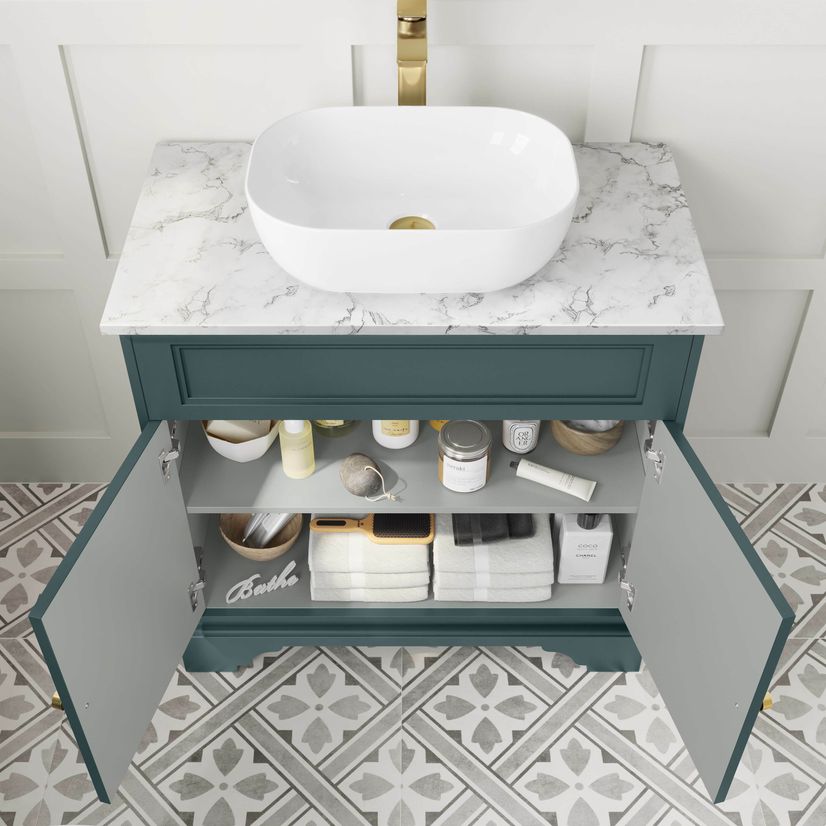 Lucia Midnight Green Vanity with Marble Top & Curved Counter Top Basin 840mm - Brushed Brass Accents