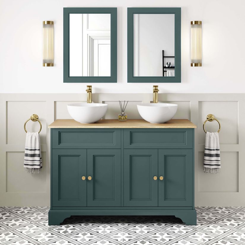 Lucia Midnight Green Double Vanity with Oak Effect Top & Round Counter Top Basin 1200mm - Brushed Brass Accents