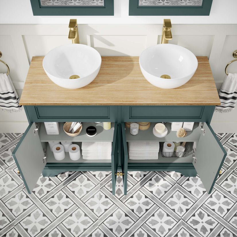 Lucia Midnight Green Double Vanity with Oak Effect Top & Round Counter Top Basin 1200mm - Brushed Brass Accents