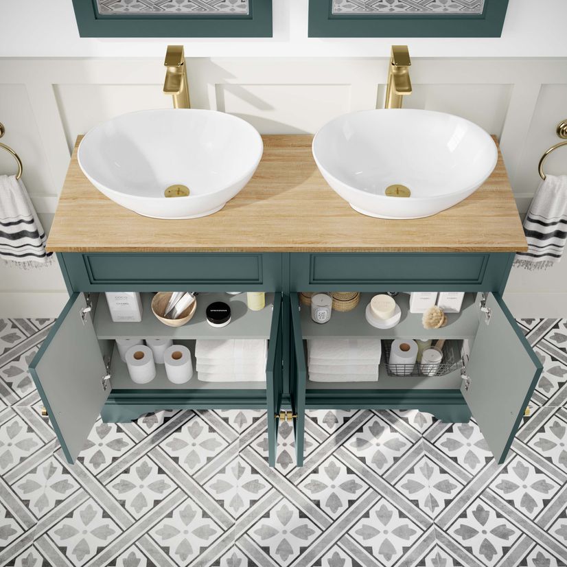 Lucia Midnight Green Double Vanity with Oak Effect Top & Oval Counter Top Basin 1200mm - Brushed Brass Accents