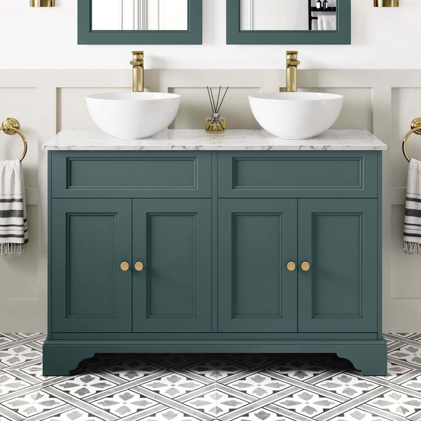 Lucia Midnight Green Double Vanity with Marble Top & Round Counter Top Basin 1200mm - Brushed Brass Accents