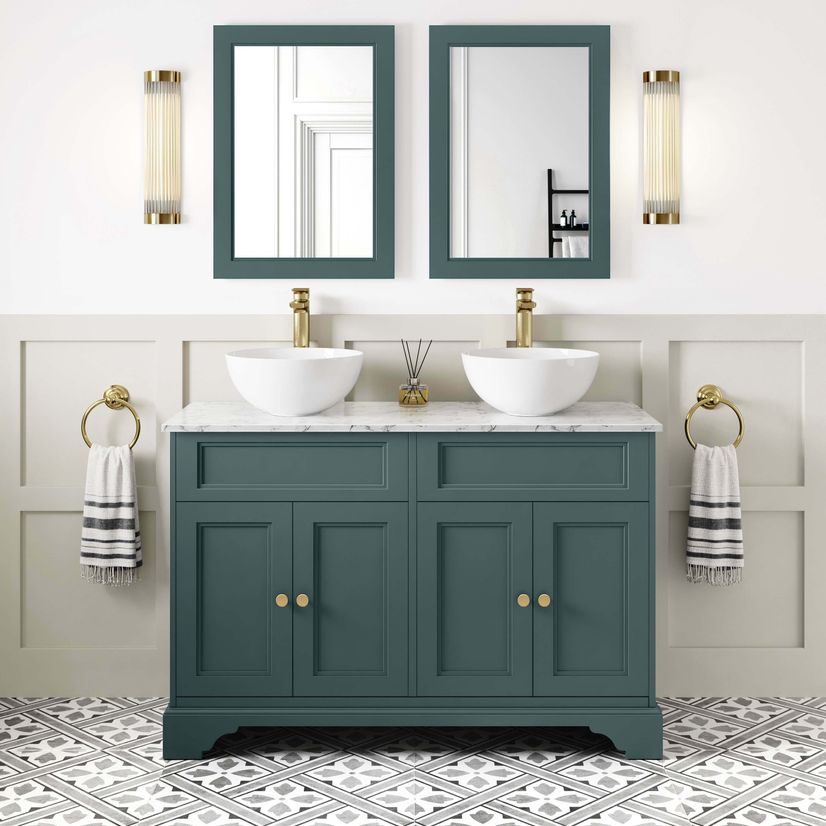 Lucia Midnight Green Double Vanity with Marble Top & Round Counter Top Basin 1200mm - Brushed Brass Accents