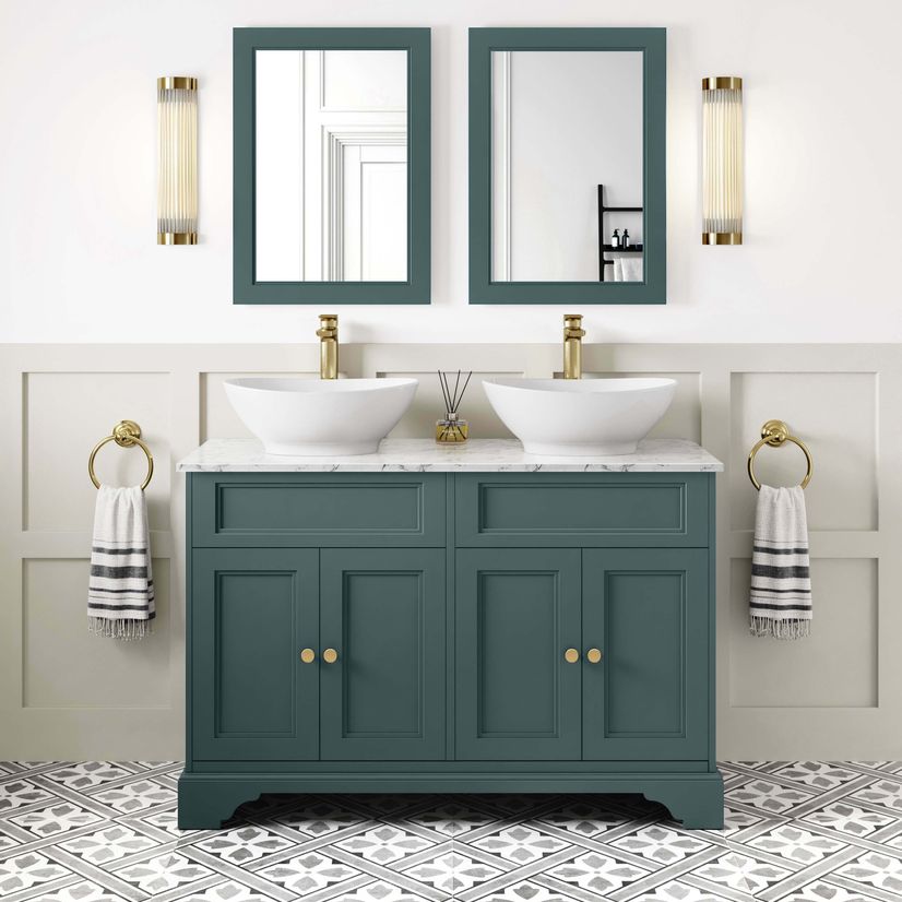 Lucia Midnight Green Double Vanity with Marble Top & Oval Counter Top Basin 1200mm - Brushed Brass Accents