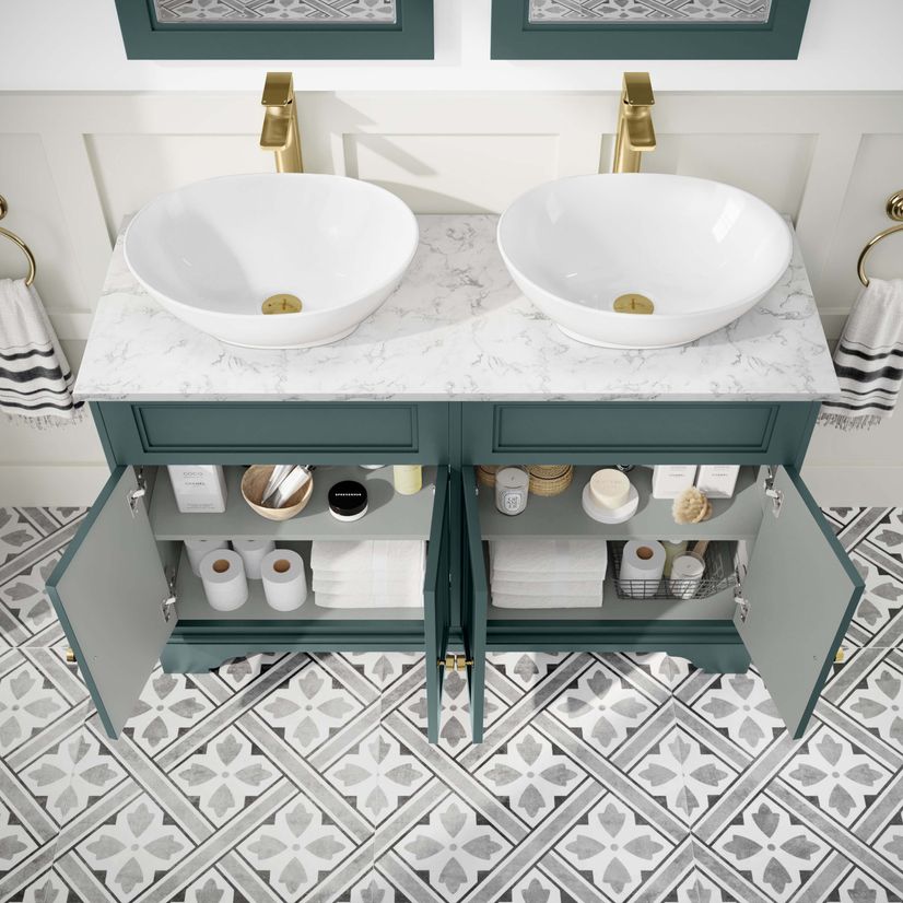 Lucia Midnight Green Double Vanity with Marble Top & Oval Counter Top Basin 1200mm - Brushed Brass Accents