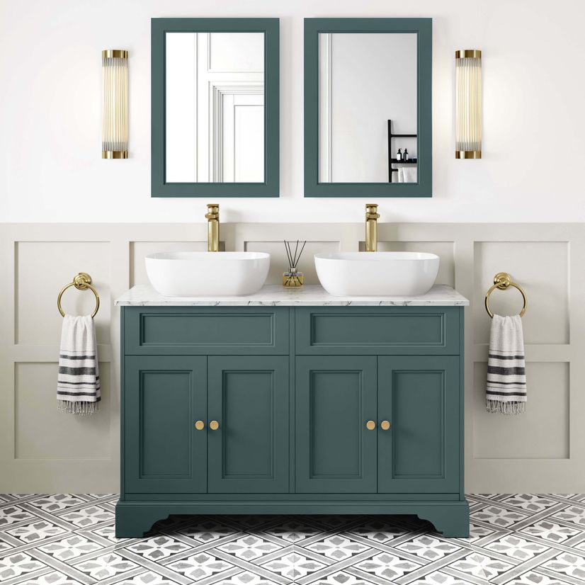 Lucia Midnight Green Double Vanity with Marble Top & Curved Counter Top Basin 1200mm - Brushed Brass Accents