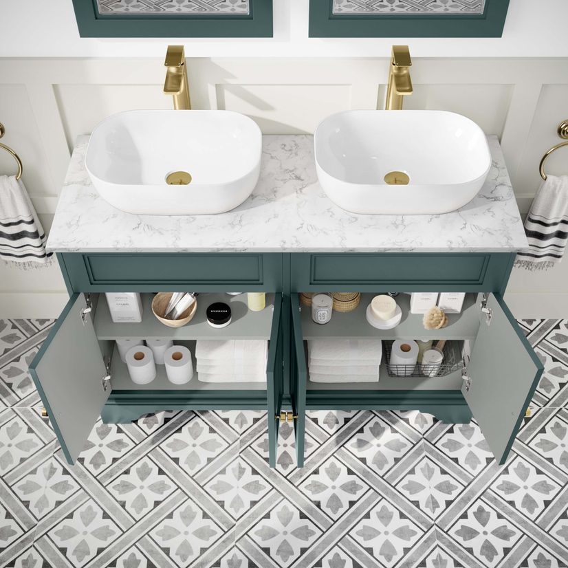 Lucia Midnight Green Double Vanity with Marble Top & Curved Counter Top Basin 1200mm - Brushed Brass Accents