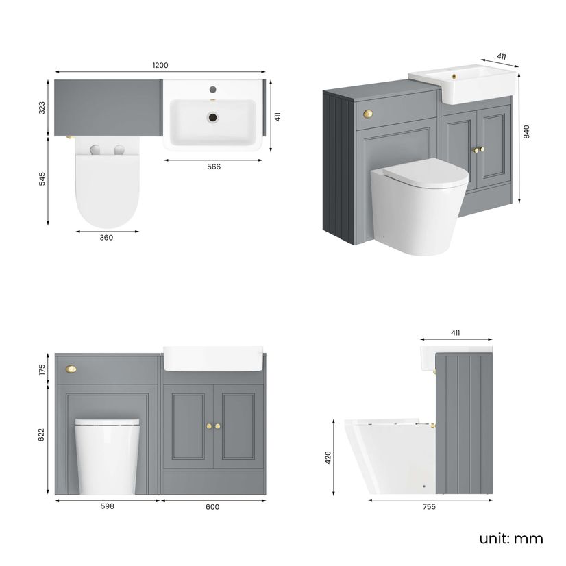 Monaco Dove Grey Combination Vanity Basin and Boston Toilet 1200mm - Brushed Brass Accents