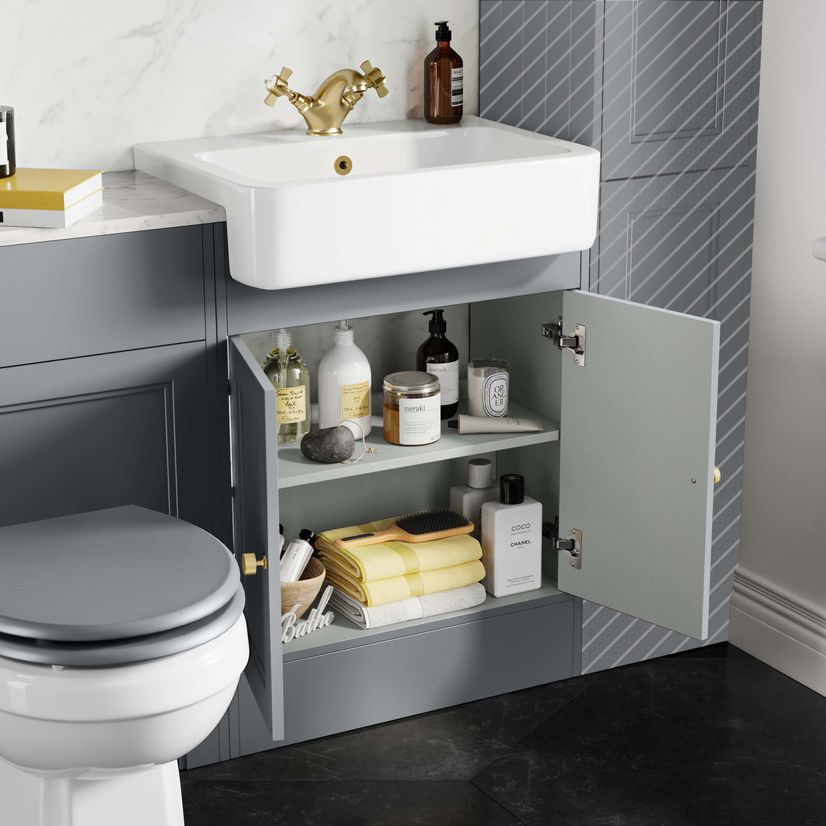 Monaco Dove Grey Combination Vanity Basin with Marble Top & Hudson Toilet with Wooden Seat 1200mm - Brushed Brass Accents