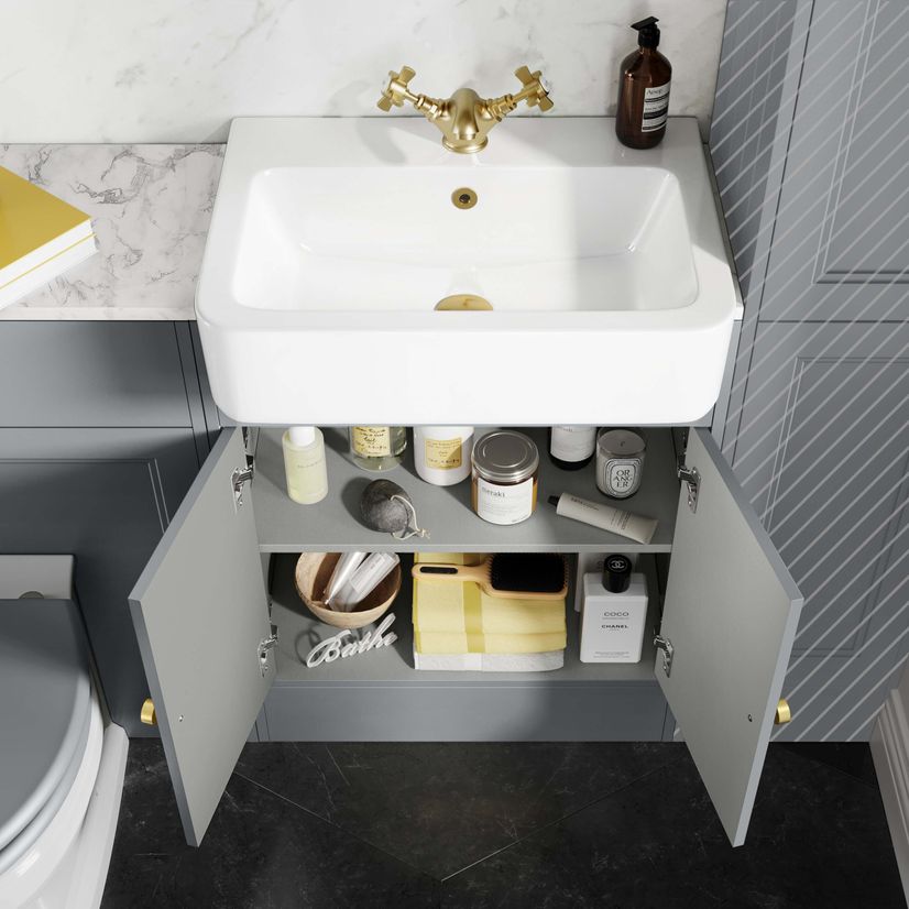 Monaco Dove Grey Combination Vanity Basin with Marble Top & Hudson Toilet with Wooden Seat 1200mm - Brushed Brass Accents