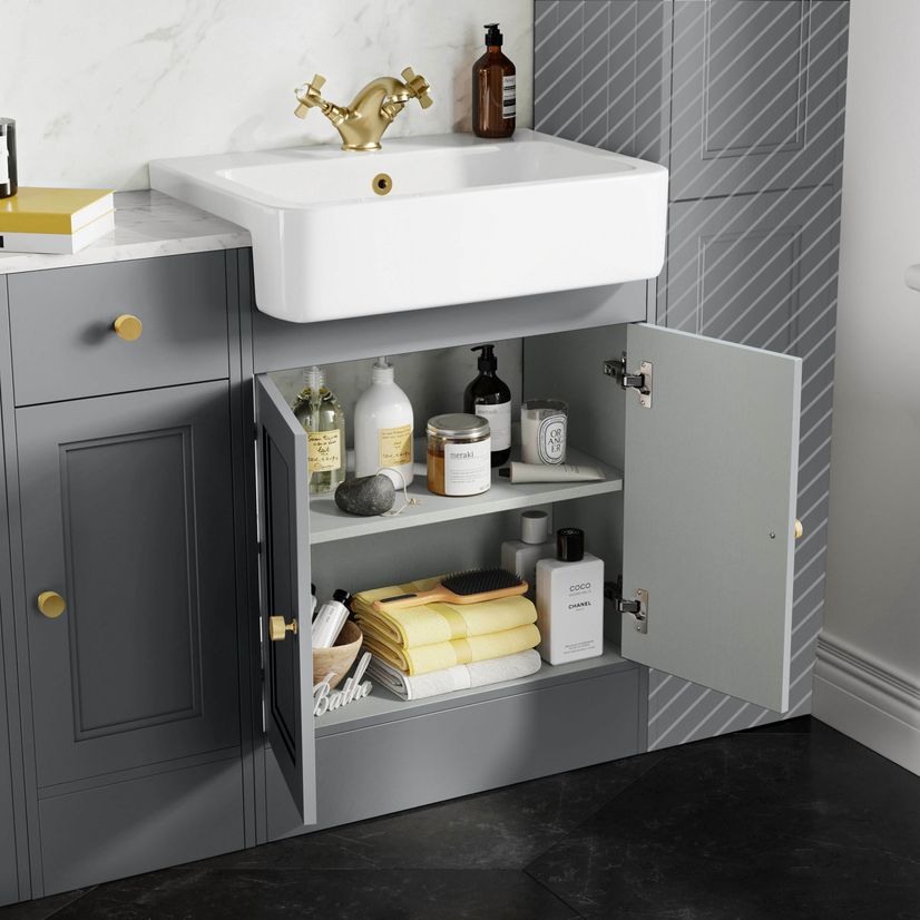 Monaco Dove Grey Combination Vanity Basin with Marble Top and Hudson Toilet with Wooden Seat 1500mm - Brushed Brass Accents