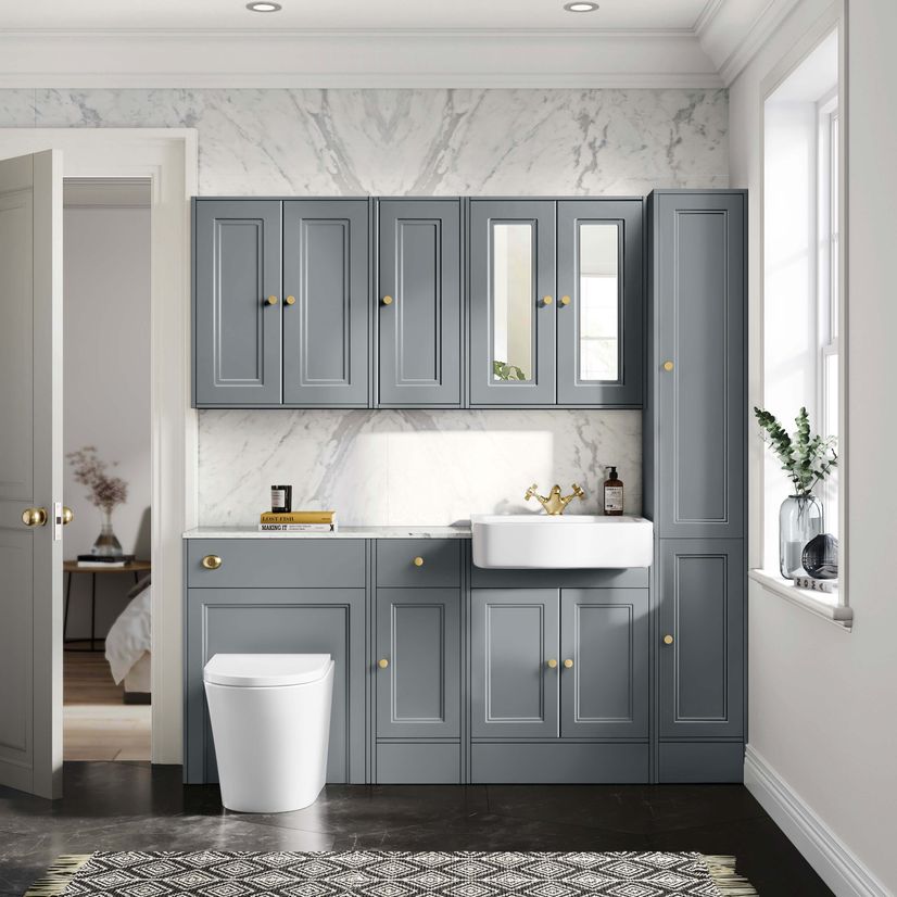 Monaco Dove Grey Combination Vanity Basin with Marble Top and Boston Toilet 1500mm - Brushed Brass Accents