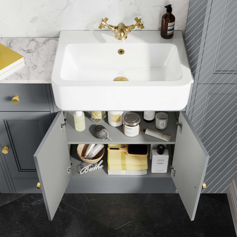 Monaco Dove Grey Combination Vanity Basin with Marble Top and Boston Toilet 1500mm - Brushed Brass Accents