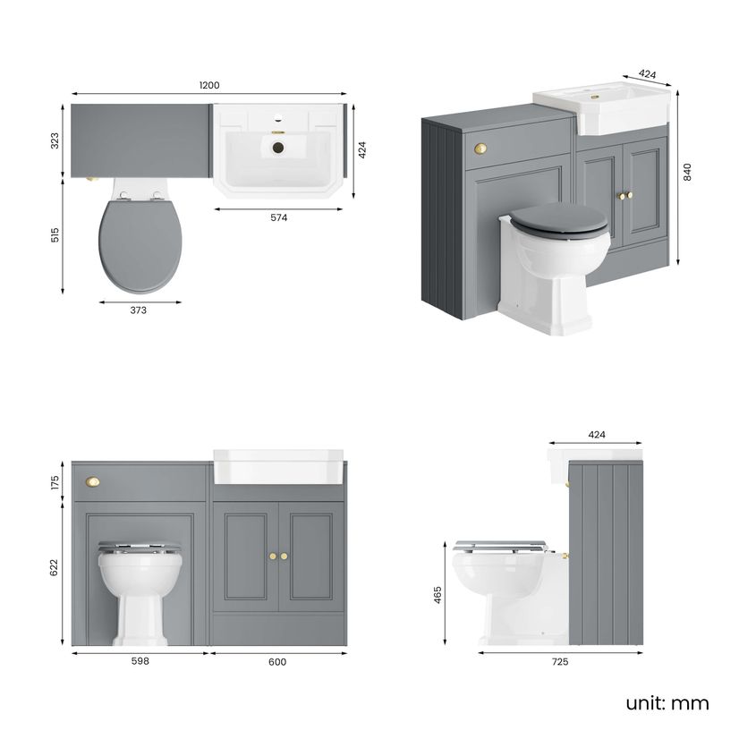Monaco Dove Grey Combination Vanity Traditional Basin and Hudson Toilet with Wooden Seat 1200mm - Brushed Brass Accents