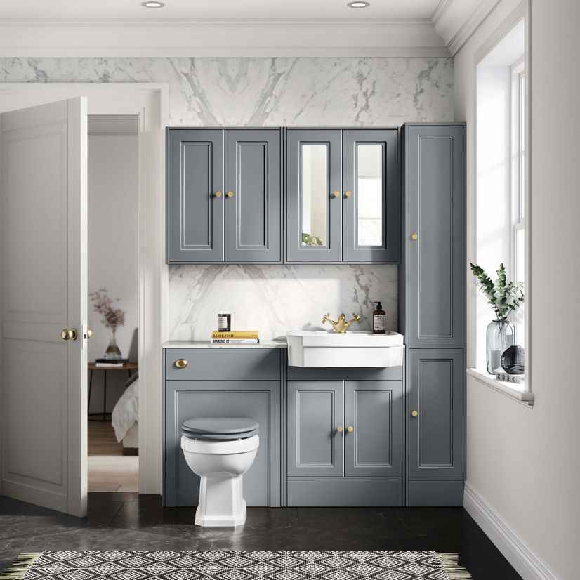 Monaco Dove Grey Combination Vanity Traditional Basin with Marble Top & Hudson Toilet with Wooden Seat 1200mm - Brushed Brass Accents