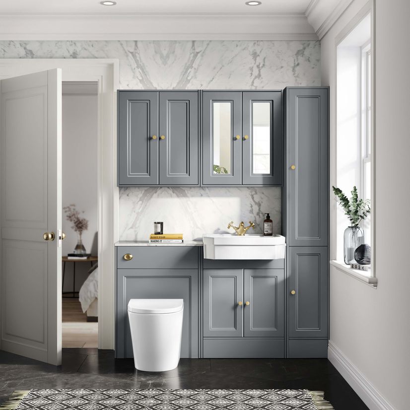 Monaco Dove Grey Combination Vanity Traditional Basin with Marble Top & Boston Toilet 1200mm - Brushed Brass Accents