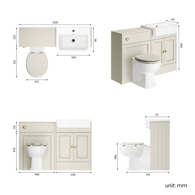 Monaco Chalk White Combination Vanity Basin and Hudson Toilet with Wooden Seat 1200mm - Brushed Brass Accents