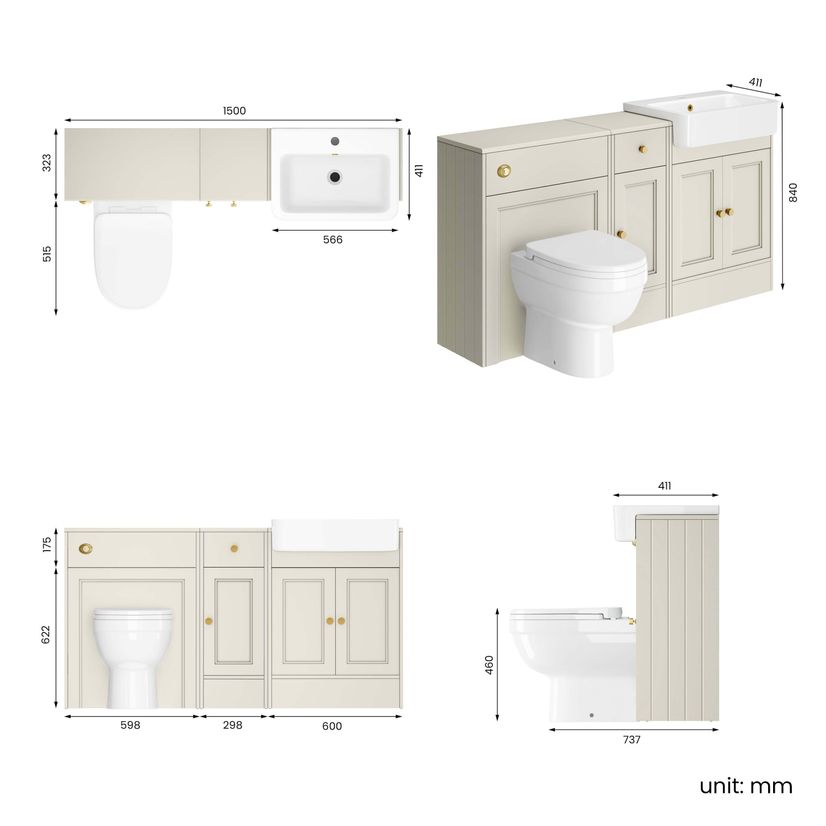 Monaco Chalk White Combination Vanity Basin and Seattle Toilet 1500mm - Brushed Brass Accents