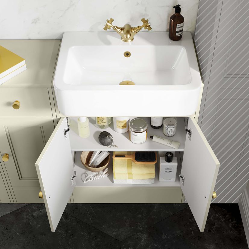 Monaco Chalk White Combination Vanity Basin and Hudson Toilet with Wooden Seat 1500mm - Brushed Brass Accents