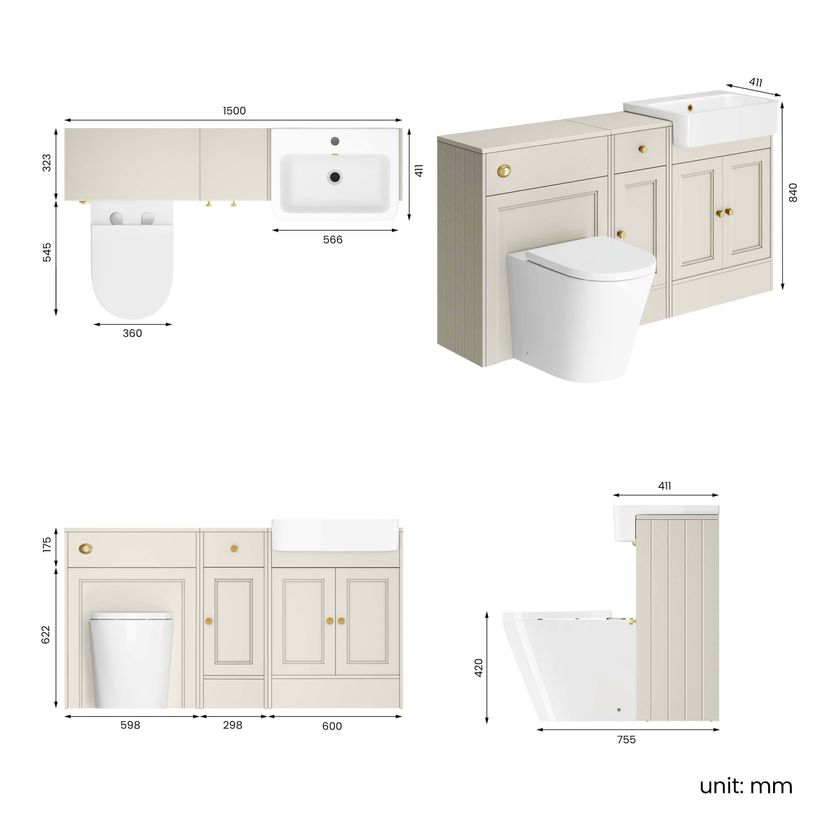Monaco Chalk White Combination Vanity Basin and Boston Toilet 1500mm - Brushed Brass Accents