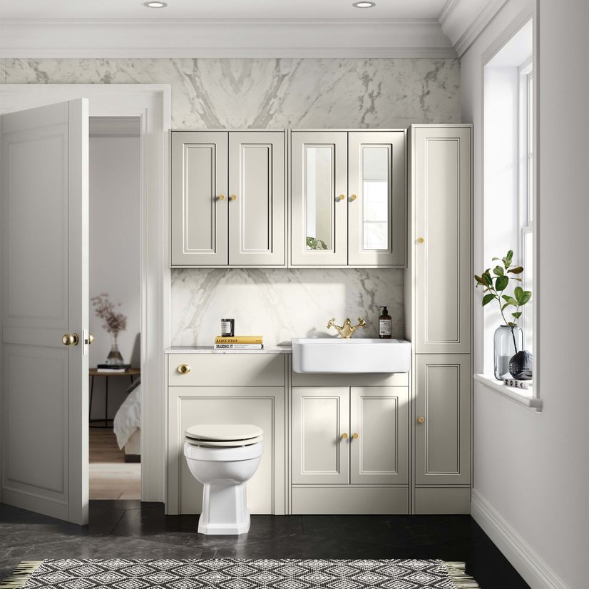 Monaco Chalk White Combination Vanity Basin with Marble Top & Hudson Toilet with Wooden Seat 1200mm - Brushed Brass Accents