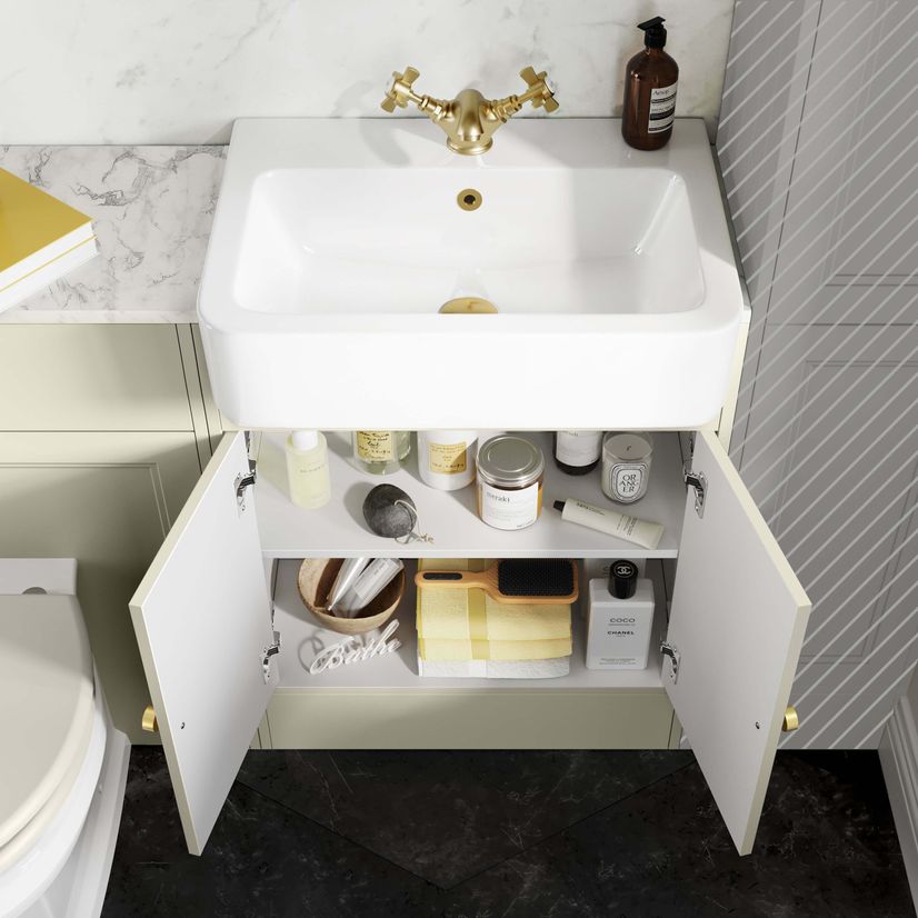 Monaco Chalk White Combination Vanity Basin with Marble Top & Hudson Toilet with Wooden Seat 1200mm - Brushed Brass Accents