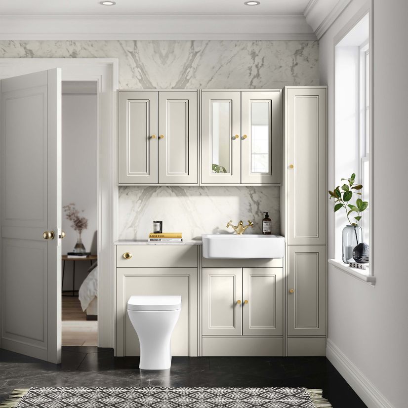 Monaco Chalk White Combination Vanity Basin with Marble Top & Atlanta Toilet 1200mm - Brushed Brass Accents