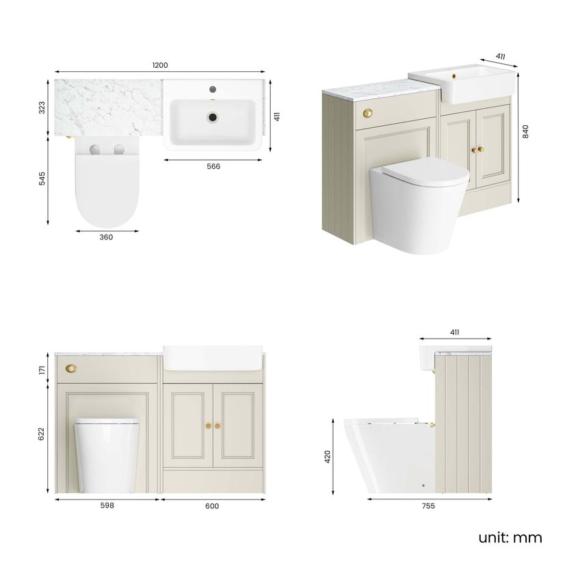 Monaco Chalk White Combination Vanity Basin with Marble Top & Boston Toilet 1200mm - Brushed Brass Accents