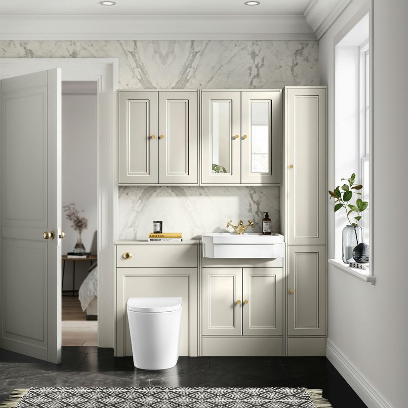 Monaco Chalk White Combination Vanity Traditional Basin and Boston Toilet 1200mm - Brushed Brass Accents