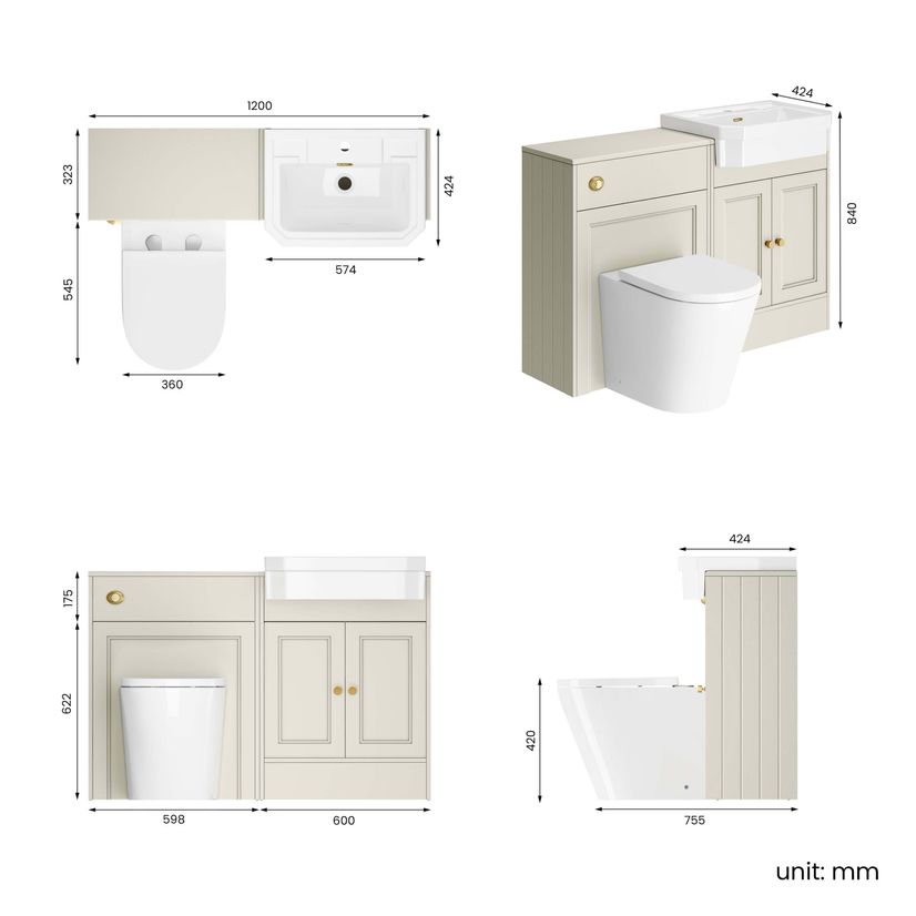 Monaco Chalk White Combination Vanity Traditional Basin and Boston Toilet 1200mm - Brushed Brass Accents