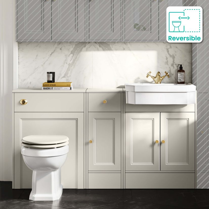 Monaco Chalk White Combination Vanity Traditional Basin and Hudson Toilet with Wooden Seat 1500mm - Brushed Brass Accents