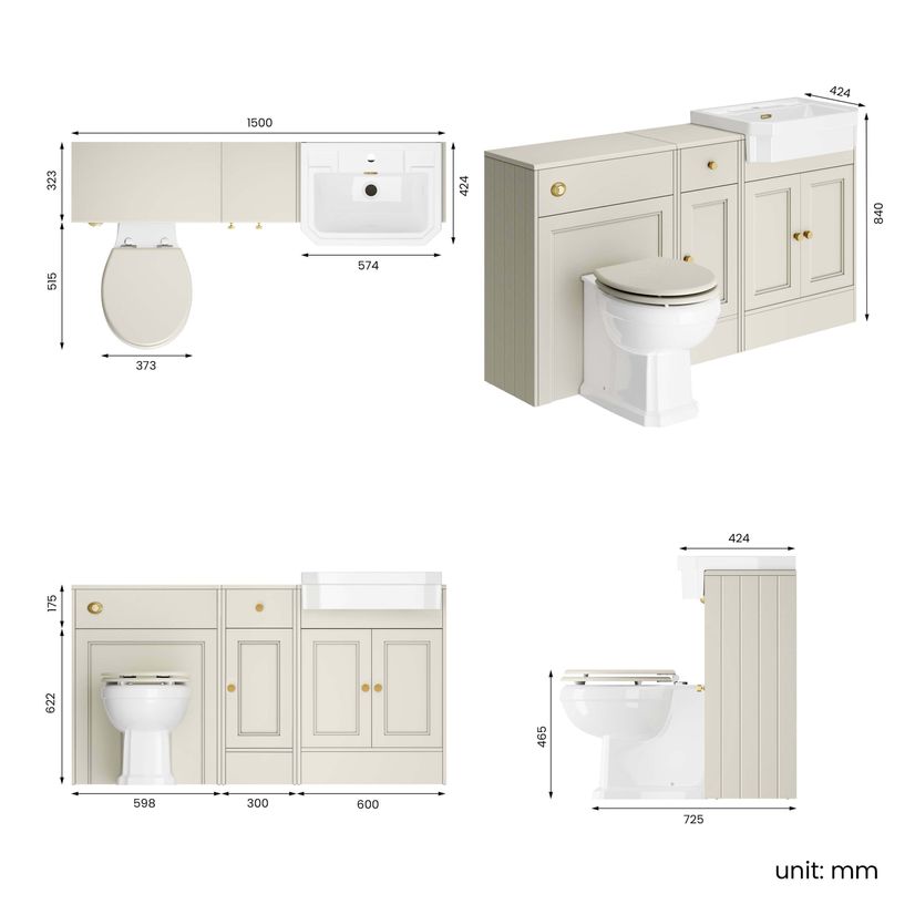 Monaco Chalk White Combination Vanity Traditional Basin and Hudson Toilet with Wooden Seat 1500mm - Brushed Brass Accents