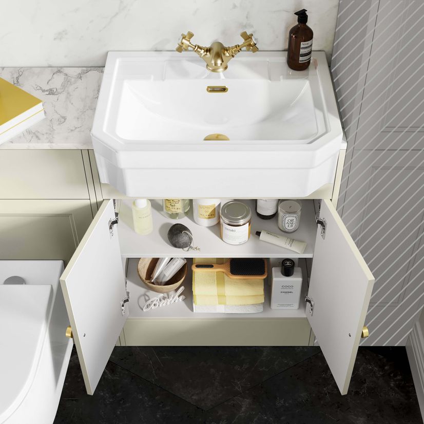 Monaco Chalk White Combination Vanity Traditional Basin with Marble Top & Boston Toilet 1200mm - Brushed Brass Accents