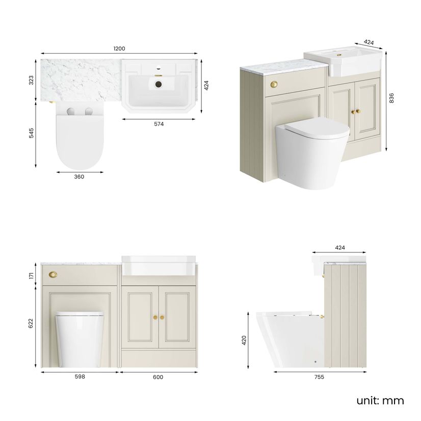 Monaco Chalk White Combination Vanity Traditional Basin with Marble Top & Boston Toilet 1200mm - Brushed Brass Accents