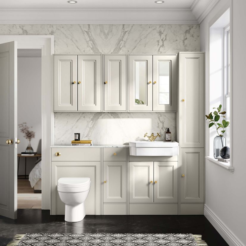 Monaco Chalk White Combination Vanity Traditional Basin with Marble Top and Seattle Toilet 1500mm - Brushed Brass Accents