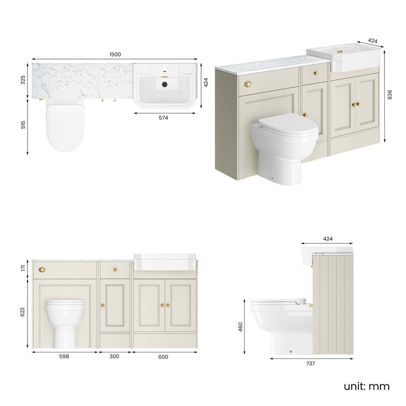 Monaco Chalk White Combination Vanity Traditional Basin with Marble Top and Seattle Toilet 1500mm - Brushed Brass Accents