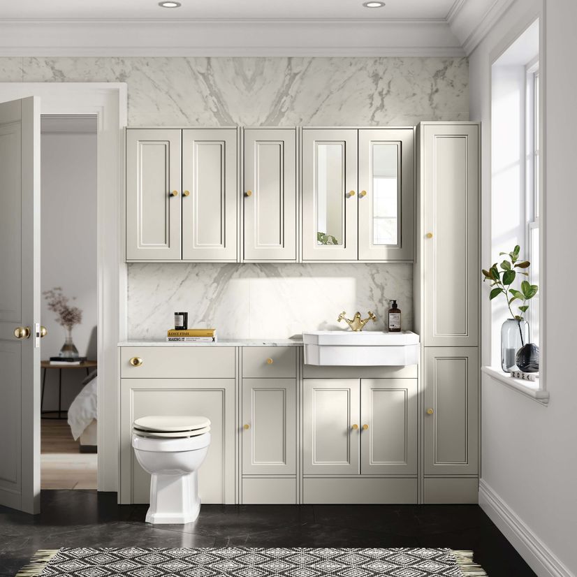 Monaco Chalk White Combination Vanity Traditional Basin with Marble Top & Hudson Toilet with Wooden Seat 1500mm - Brushed Brass Accents