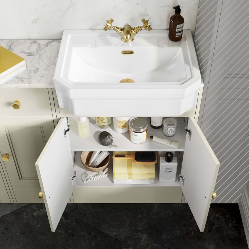 Monaco Chalk White Combination Vanity Traditional Basin with Marble Top & Hudson Toilet with Wooden Seat 1500mm - Brushed Brass Accents