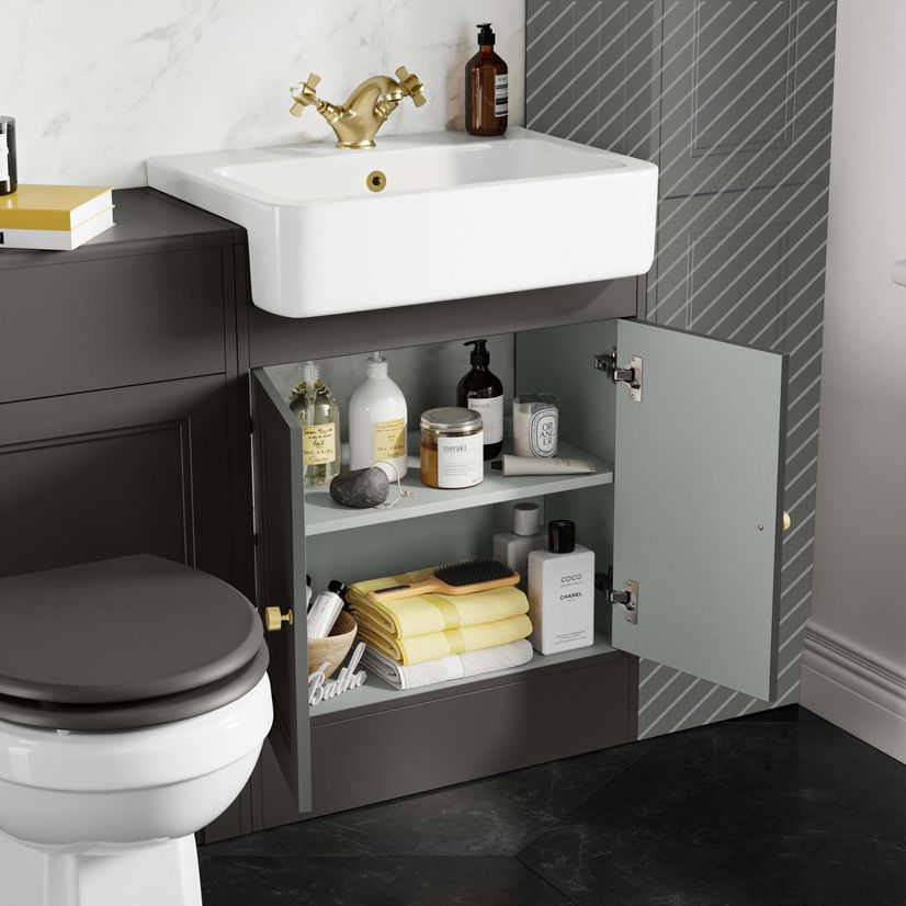 Monaco Graphite Grey Combination Vanity Basin and Hudson Toilet with Wooden Seat 1200mm - Brushed Brass Accents