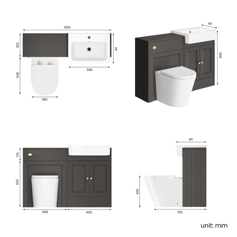 Monaco Graphite Grey Combination Vanity Basin and Boston Toilet 1200mm - Brushed Brass Accents