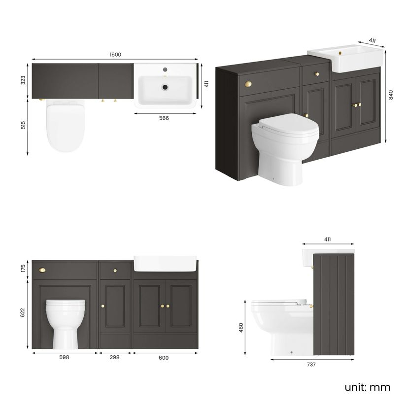 Monaco Graphite Grey Combination Vanity Basin and Seattle Toilet 1500mm - Brushed Brass Accents